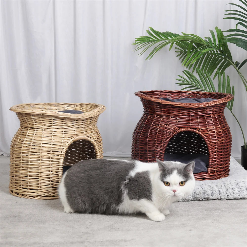 2-Tier Rattan Wicker Elevated Cat House