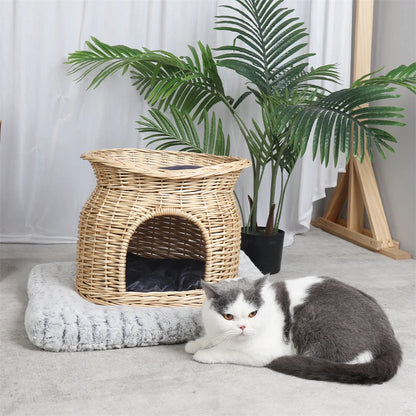 2-Tier Rattan Wicker Elevated Cat House