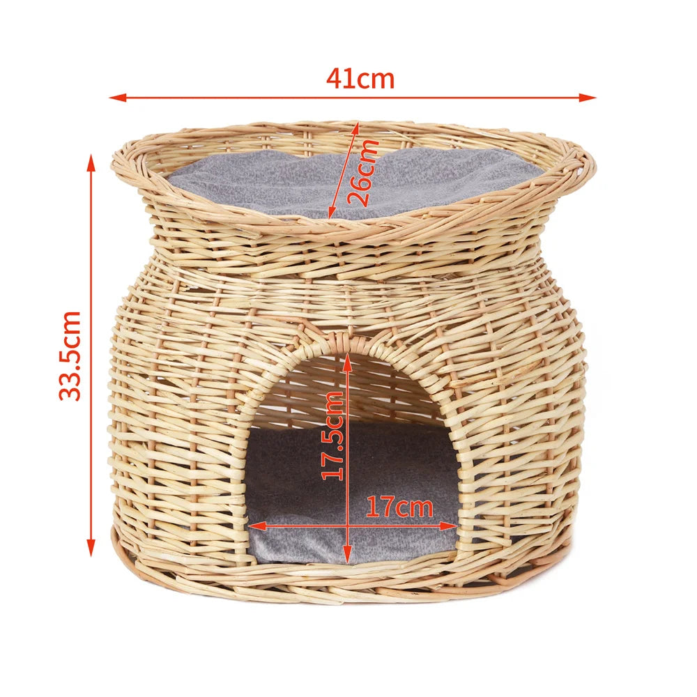 2-Tier Rattan Wicker Elevated Cat House