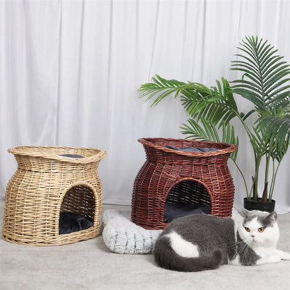 2-Tier Rattan Wicker Elevated Cat House