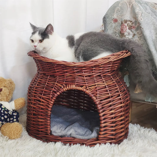 2-Tier Rattan Wicker Elevated Cat House