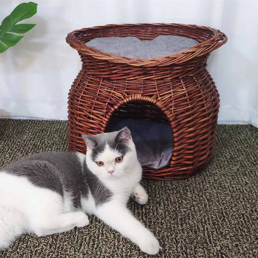 2-Tier Rattan Wicker Elevated Cat House