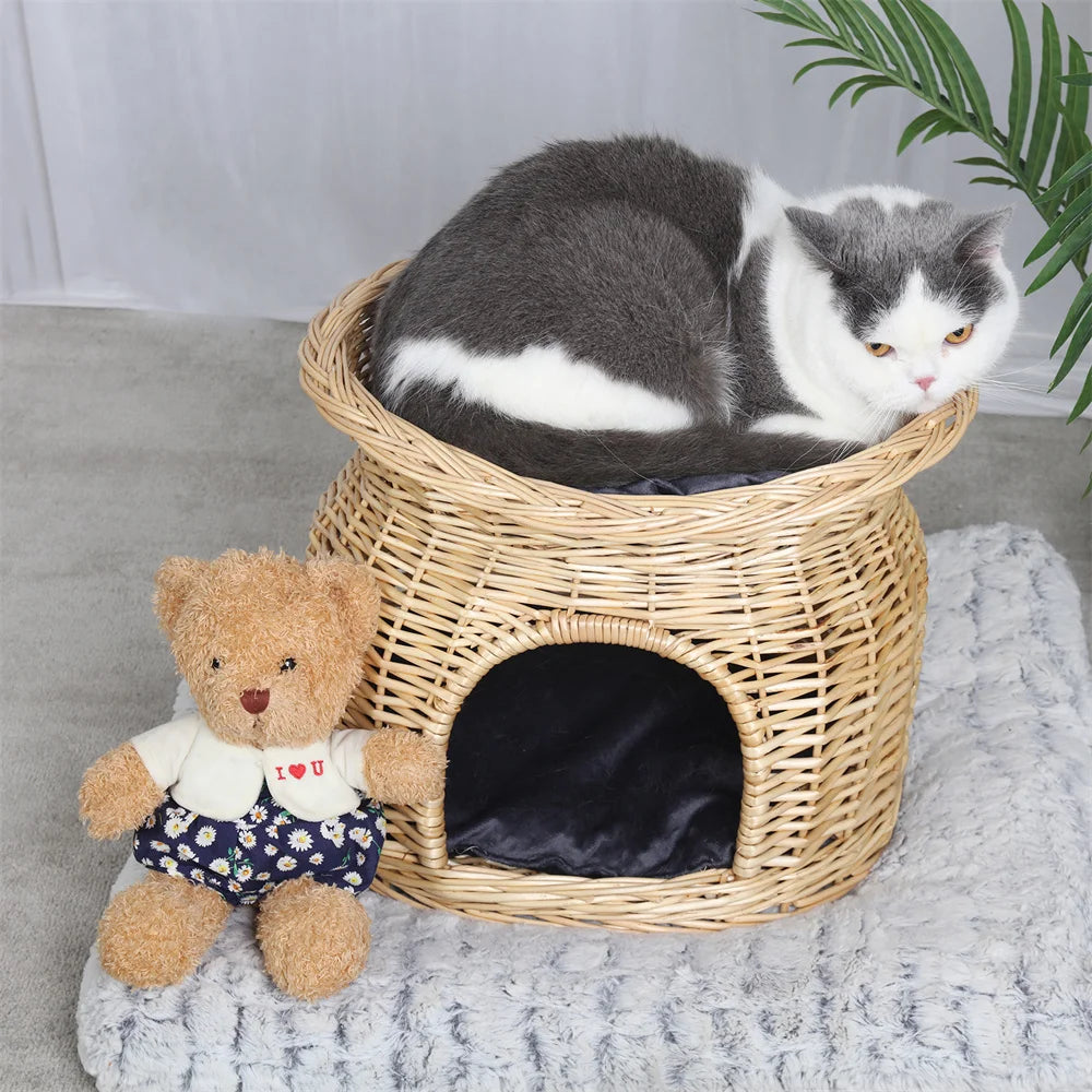 2-Tier Rattan Wicker Elevated Cat House